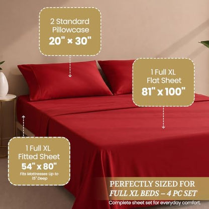 Full XL 100% Cotton Jersey Knit Sheet Set, 4PC, 15" Deep Pocket, Red