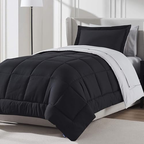 Nestl 7 Piece Twin XL Comforter Set – Black Reversible Bed in a Bag – Complete Twin XL Size Bedding Set with Sheets, Set of 2 Down Alternative Pillows, Pillowcase and Sham