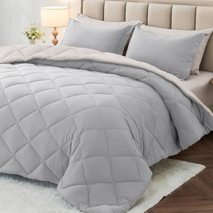 MUXHOMO 7 Pieces Oversized Queen Comforter Set, Reversible Bed in a Bag Oversized Queen Size, All Season Bedding Set with Comforter, Flat Sheet, Fitted Sheet, Pillowcases & Shams, Light Grey & Beige