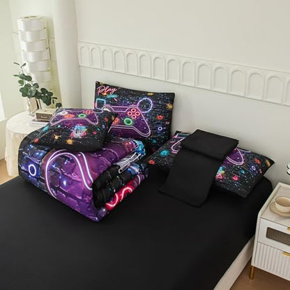 NINENINE Boys Gaming Bedding Sets, 6PCS Full Size Bedding Sets, Bed in A Bag Comforter Sets (1Comforter, 1Flat Sheet, 1Fitted Sheet, 1Cushion Cover, 2Pillowcases)