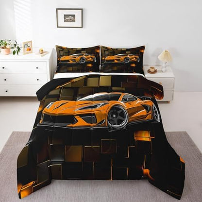 Erosebridal Boys Race Car Bedding Set King Size Orange Racing Car Comforter Set 3 Pieces Modern Geometric Grid Bedding Comforter Sets Cool Speed Car Down Comforter for Kids Teens