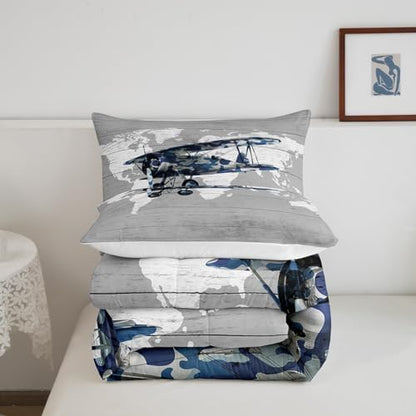 Erosebridal Aircraft Full Size Bedding Set for Boys Girls Kids,Map Comforter Set Aviation Decor for Boys Room,Navy Blue Camo Airplane Comforter Set Lightweight Vintage Air Plane Quilt Bed Set 3Pcs