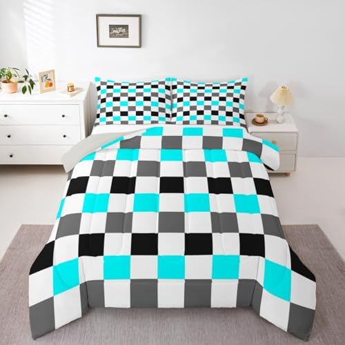 Feelyou Checkered Geometric Bedding Set for Boys Girls Teal Grey Black Plaid Comforter Set Queen Size Checkerboard Modern Aesthetic Duvet Quilt Reversible Grey Bedroom Decor 3 Pcs with 2 Pillow Cases
