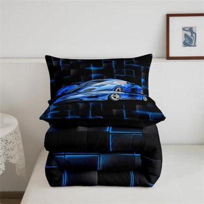 Feelyou Kids Blue Race Car Comforter Set Twin Size Speed Sports Car Bedding