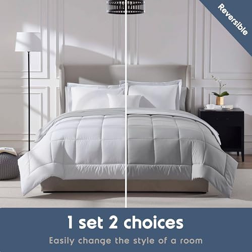Nestl 9 Piece King Comforter Set – White Reversible Bed in a Bag – Complete King Size Bedding Set with Sheets, Set of 2 Down Alternative Pillows, Pillowcases and Shams