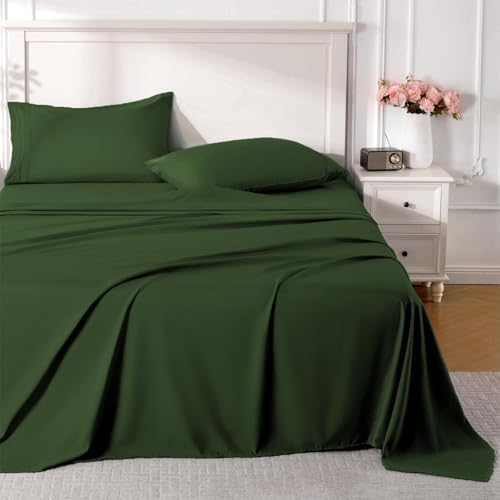ROSE&RISY Dark Olive Green King Sheet Set, 4 Pcs Soft Bedding King Sheet Set, Breathable and Cooling,Includes 1 Fitted Sheet, 1 Flat Sheet, 2 Pillowcases - Deep Pocket (Dark Olive Green, King)
