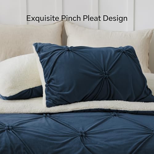 BEDELITE Fluffy Sherpa Queen Comforter Set,Pintuck-Navy