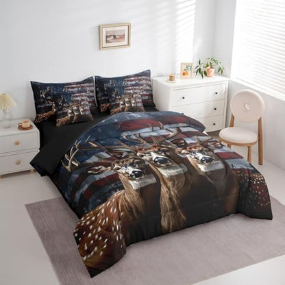 Erosebridal Rustic Deer Moose 7 Pcs Twin Comforter Set,American Flag All Season Bed in a Bag,Hunting Animal Comforter, Flat Sheet, Fitted Sheet, Pillowcases, Pillow Shams,Cabin Lodge Bedding Set with