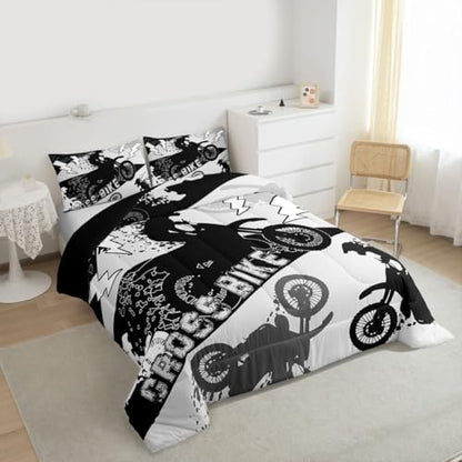 Erosebridal Boys Dirt Bike Comforter Set King Dirtbike Bedding Set Motocross Room Decor for Boys Kids Men Adult,Rider Motorcycle Bed Set Cool Extreme Sports Comforter Sets 3Pcs,White Black