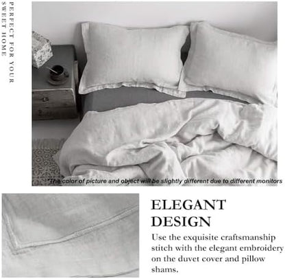 Simple&Opulence 100% French Flax Linen Duvet Cover Set with Embroidery Washed - 3 Pieces (1 Duvet Cover with 2 Pillow Shams) with Button Closure Soft Breathable Farmhouse - Light Grey, King Size