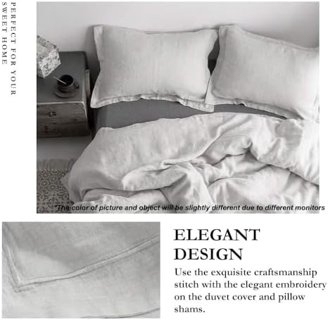 Simple&Opulence 100% Linen Duvet Cover Set with Embroidery Border Washed - 2 Pieces (1 Duvet Cover & 1 Pillow Sham) with Button Closure Soft Breathable Farmhouse - Light Grey, Twin Size