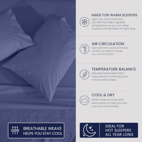 ZOYER 100% Cotton Sheets – King Size Percale Bedding, Cooling & Breathable, Durable with a Crisp, Soft & Comfortable Feel, 16" Deep Pocket, 4-Piece Set, Classic Blue