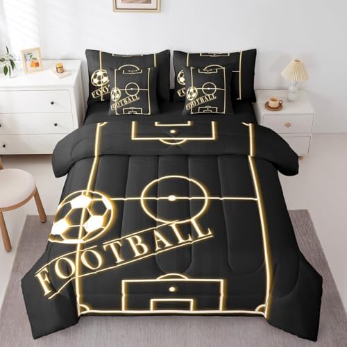 Erosebridal Sport Queen Comforter Set 7 Pieces for Boys Soccer Bedding Comforter Sets, Sports Theme Bed in a Bag Orange Black Bedding Set, Glowing Gradient Bed Sheets Set Ultra Soft (Black Reversible)