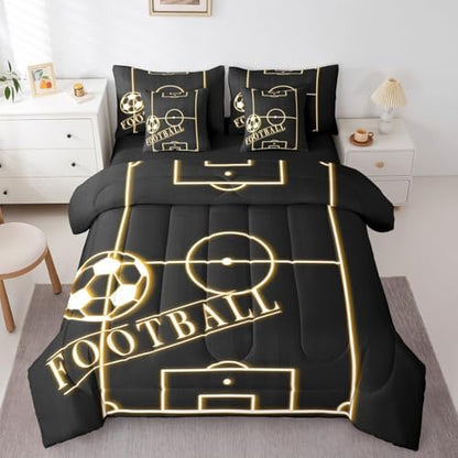 Erosebridal Sport Queen Comforter Set 7 Pieces for Boys Soccer Bedding Comforter Sets, Sports Theme Bed in a Bag Orange Black Bedding Set, Glowing Gradient Bed Sheets Set Ultra Soft (Black Reversible)