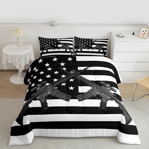 American Flag Comforter Set Twin Size Machine Gun Down Comforter for Kids Teens Adult Men Bedroom USA Federations Stars Stripe Bedding Set United States Military Rifle Duvet Sets, Black and White