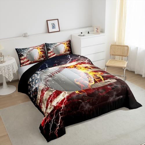 Baseball Comforter Set Full Size For Boys Teens, American Flag Bedding Set United States Sports Games Duvet Sets Gold Fire Down Comforter, Usa Federations Stars Stripes Comforter Bedroom Decor