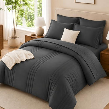 Twin Comforter Set with Sheet Dark Grey, 5 Pieces Bed in a Bag