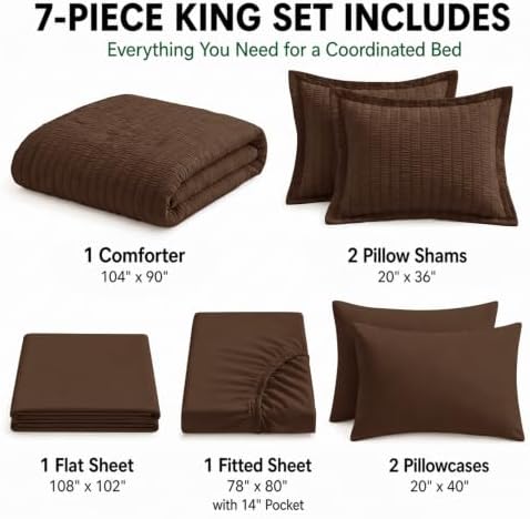 HIMEET King Comforter Set, 7-Piece Seersucker Bed in a Bag, Brown