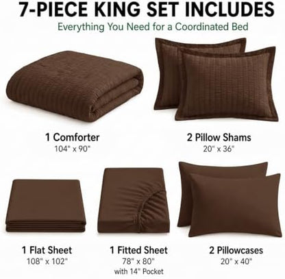 HIMEET King Comforter Set, 7-Piece Seersucker Bed in a Bag, Brown