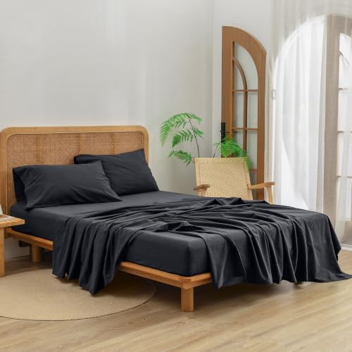 BESTOUCH Sheet Set 100% Washed Cotton Linen Feel Super Soft Comfortable Chic Lightweight 4 Pcs Home Bedding Set Solid Dark Black Queen