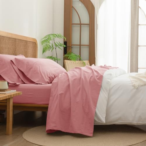 BESTOUCH Sheet Set 100% Washed Cotton Linen Feel Super Soft Comfortable Chic Lightweight 4 Pcs Home Bedding Set Solid Red Pink California King