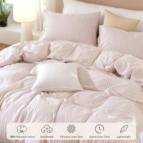 JIYUAN King Washed Cotton Duvet Cover Set, 3-Piece, Linen-Like Stripe