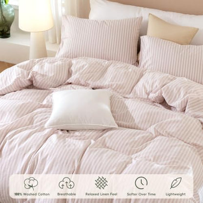 JIYUAN King Washed Cotton Duvet Cover Set, 3-Piece, Linen-Like Stripe