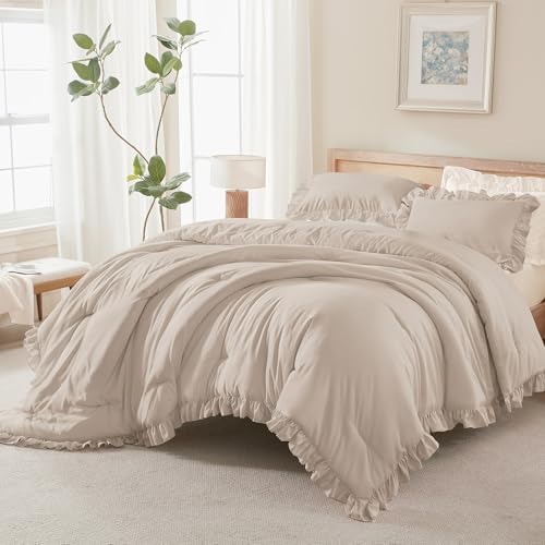 Andency Khaki Comforter Set Full Size, 3 Pcs Solid Ruffle Vintage Bedding