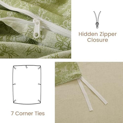 BISELINA 100% Cotton Muslin Duvet Cover Set Queen, 3 Pcs Yarn-Dyed Jacquard Textured Vintage Rose Pattern, Soft and Breathable Bedding Set with Zipper Closure, Light Green