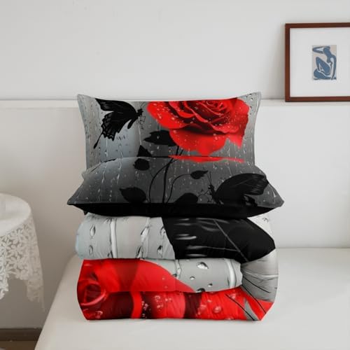 jejeloiu Red Rose Comforter Set Twin Size Kids Floral Flower Bedding Set for Boys Girls Teens Garden Flower Butterfly Duvet Breathable Romantic Quilt Bedroom Decor,1 Comforter with 1 Pillowcase