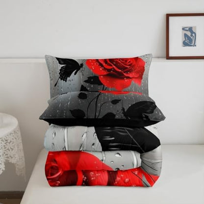 jejeloiu Red Rose Comforter Set Twin Size Kids Floral Flower Bedding Set for Boys Girls Teens Garden Flower Butterfly Duvet Breathable Romantic Quilt Bedroom Decor,1 Comforter with 1 Pillowcase