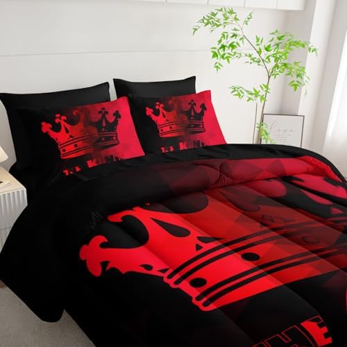 7Pcs Crown Comforter Set Black Red Gradient Art Printed Bedding Set with 1 Comforter, 1 Flat Sheet, 1 Fitted Sheet and 4 Pillowcases for Boys and Girls Bedroom All Season(Crown Twin