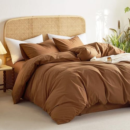 Wake In Cloud - Cotton Duvet Cover Set, 100% Washed Cotton, Linen Like Textured, Breathable Durable Farmhouse Neutral Bedding Set, 3 Pieces, Terracotta, King Size