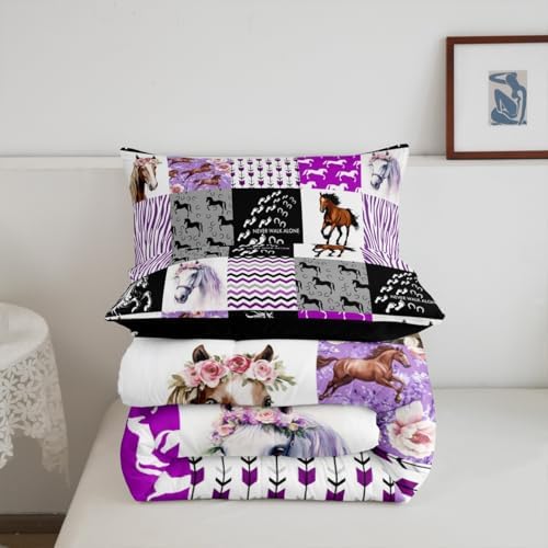 Horse Comforter Set King Western Cowgirl Farm Animal Bedding Set for Kids Girls Teens Women,Black White Zebra Stripe Grid Comforter Boho Arrow Rose Flower Quilted Duvet Sets 2 Pillow Cases Purple