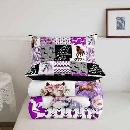 Horse Comforter Set King Western Cowgirl Farm Animal Bedding Set for Kids Girls Teens Women,Black White Zebra Stripe Grid Comforter Boho Arrow Rose Flower Quilted Duvet Sets 2 Pillow Cases Purple
