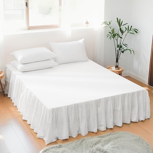FALUCA Soft Cozy French Linen Bed Skirt with Pleated Frills - 14" Tailored Drop Dust Ruffle for Farmhouse & Modern Bedrooms, Breathable Linen-Cotton Blend, Easy-Fit Bedding (14" Queen, White)