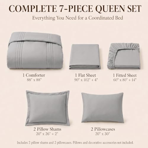 CozyLux Queen Comforter Set French Grey - 7 Pieces Bed in a Bag