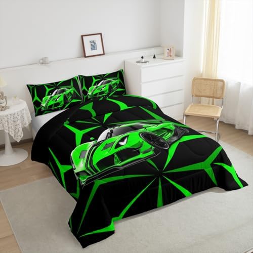 Castle Fairy Extreme Sport Theme Green Racing Car Comforter Set Twin Size,Abstract Geometric Lines Bedding Set,Kids Boys Adults Bedroom Decor,Race Car Super Soft Duvet Insert,1 Pillowcase
