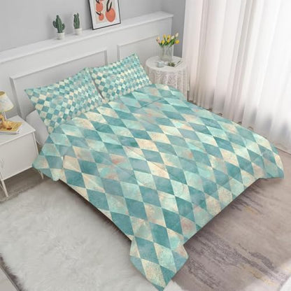 Teal Geometric Comforter Set King Size Checkered Bedding for Women Girls Bedroom Rhombus Quilt Bed Set 1 Comforter 2 Pillowcases