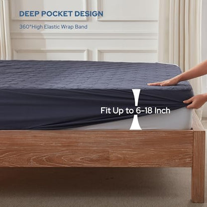 BEDLORE Waterproof Mattress Protector, RV Queen Size Mattress Pad Noiseless with Deep Pocket 6"-18" Depth, Soft Breathable Dirt-Proof Bed Mattress Cover Washable (Navy Blue)