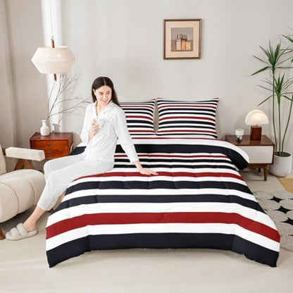 Homewish Stripe Art Comforter Set King Size,Red Black White Bedding Sets 3Pcs for Kids Girls Boys Women Room Decor,Modern Simple Quilted Duvet Abstract Art Down Comforter,2 Pillowcases