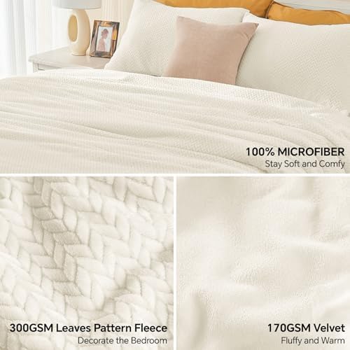 ChiXpace Fleece Queen Comforter Set Beige, Fluffy Flannel Bed Set 3 Pieces