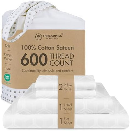 Threadmill 600TC Cotton King Sheet Set, Sateen, Jacquard, Light Grey
