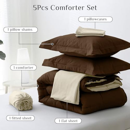 JOLLYVOGUE Twin Comforter Set, Ultra-Soft Bed in a Bag Twin Size 5 Pieces, Oeko-TEX Certified Bedding Set with Down Alternative Comforter, Sheets, Pillowcases & Shams, Brown & Beige