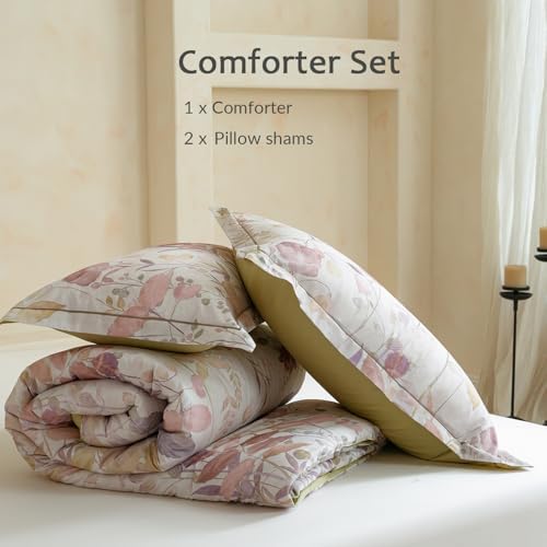 Floral Comforter Queen Size - 100% Long Staple Cotton Gradient Reversible Comforter Set 3pcs, Breathable and Hypoallergenic Bedding Set