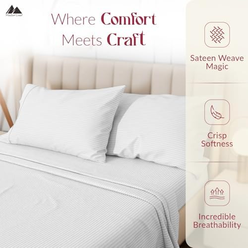 Mayfair Linen Egyptian Cotton Queen Sheets Set - Luxury 800 Series High Thread Count Queen Bed Sheet Set (White - Stripe, 4 PC), Soft Cooling 16" Deep Pocket Hotel Bed Sheet Set - Tranquil Collection