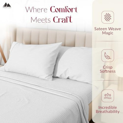 Mayfair Linen Egyptian Cotton Queen Sheets Set - Luxury 800 Series High Thread Count Queen Bed Sheet Set (White - Stripe, 4 PC), Soft Cooling 16" Deep Pocket Hotel Bed Sheet Set - Tranquil Collection