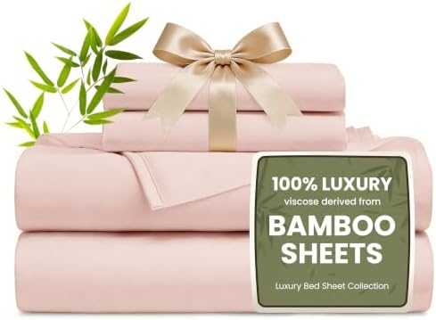 Love's cabin 4 Piece Full Size Sheet Set, 100% Rayon Derived from Bamboo, Cooling & Breathable, Soft Silky Deep Pocket up to 16", Hotel Luxury Bedding for Hot Sleepers, Pink
