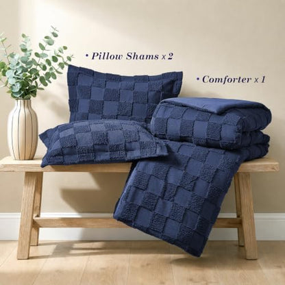 Sasttie King Comforter Set, 3 PC Boho Tufted Bed, Checkered Bedding, Navy