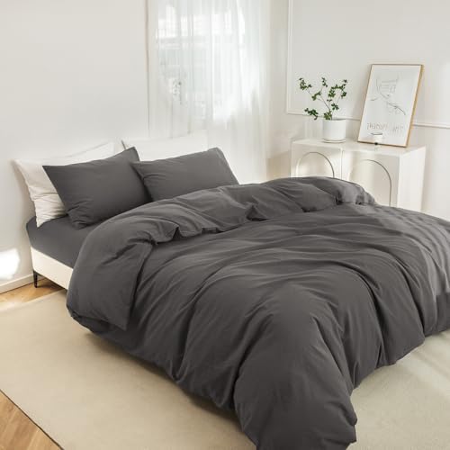 JIYUAN King Washed Cotton Duvet Cover Set, 3-Piece, Relaxed Linen Feel